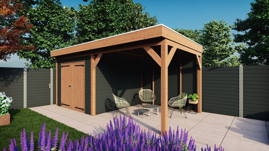 Trendhout Overkapping met schuur Traditioneel douglas 595x330x260 cm met vuren zwart geïmpregneerde wanden