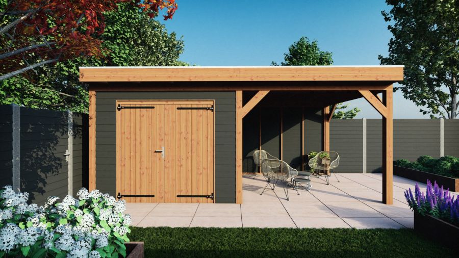 Trendhout Overkapping met schuur Traditioneel douglas 595x330x260 cm met vuren zwart geïmpregneerde wanden