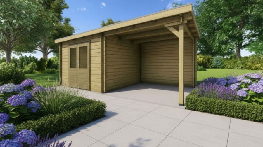 Classicline Blokhut Gelderland vuren groen geïmpregneerd 300x250 cm + overkapping 250 cm