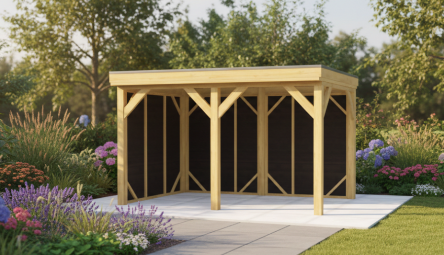 Overkapping Alkmaar 420x270 cm Douglas blank met vuren rabat wanden zwart (Incl. EPDM)