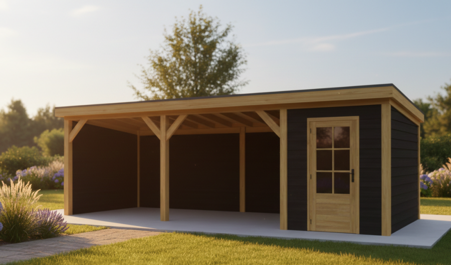 Blokhut Amsterdam 200x300 cm met overkapping 600x300 cm Douglas blank met vuren rabat wanden zwart (Incl. EPDM)