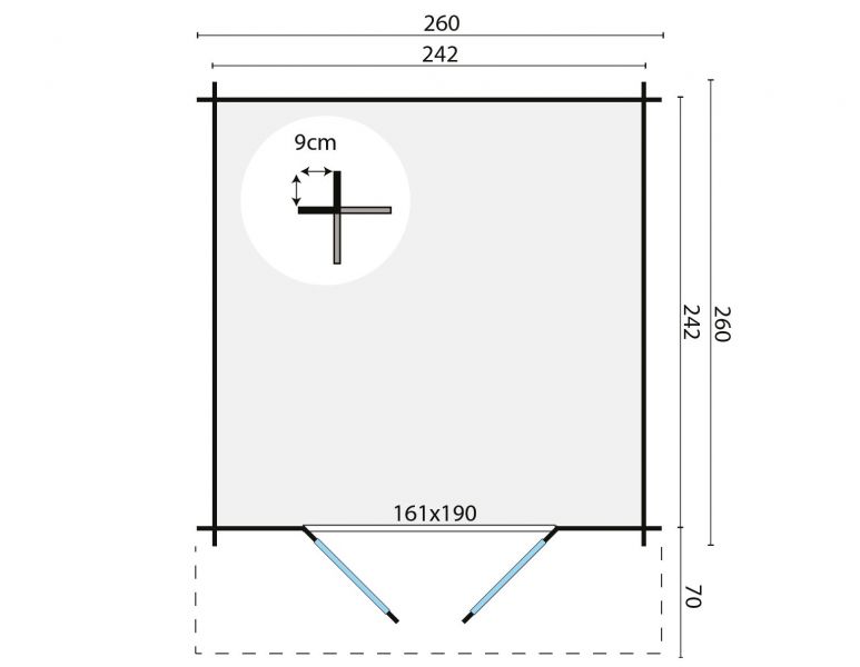 Blokhut Gitte 260x260 cm + luifel 70 cm - Honing geïmpregneerd