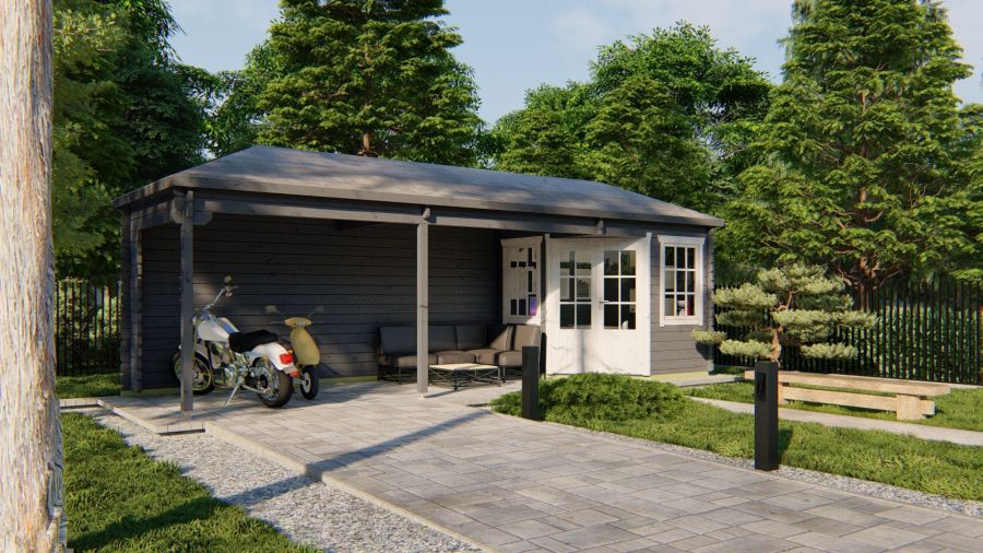 Tuindeco Gretel Blokhut 250x250 cm + luifel 550 cm 44 mm vuren red class wood geïmpregneerd
