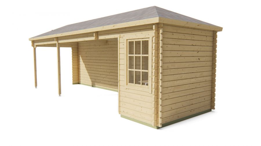 Tuindeco Gretel Blokhut 250x250 cm + luifel 550 cm 44 mm vuren red class wood geïmpregneerd