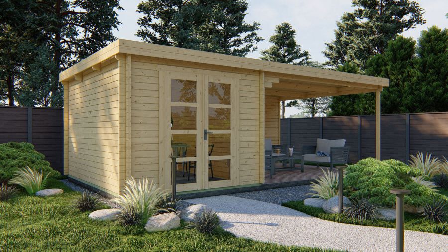 Tuindeco Gunnar Blokhut 300x400 cm + luifel 450 cm 44 mm vuren groen geïmpregneerd