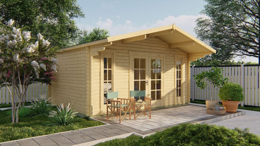 Tuindeco Gustav Blokhut 500x380 cm + luifel 120 cm 44 mm vuren red class wood geïmpregneerd