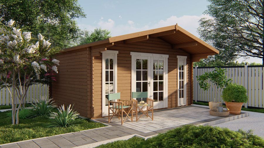 Tuindeco Gustav Blokhut 500x380 cm + luifel 120 cm 44 mm vuren red class wood geïmpregneerd