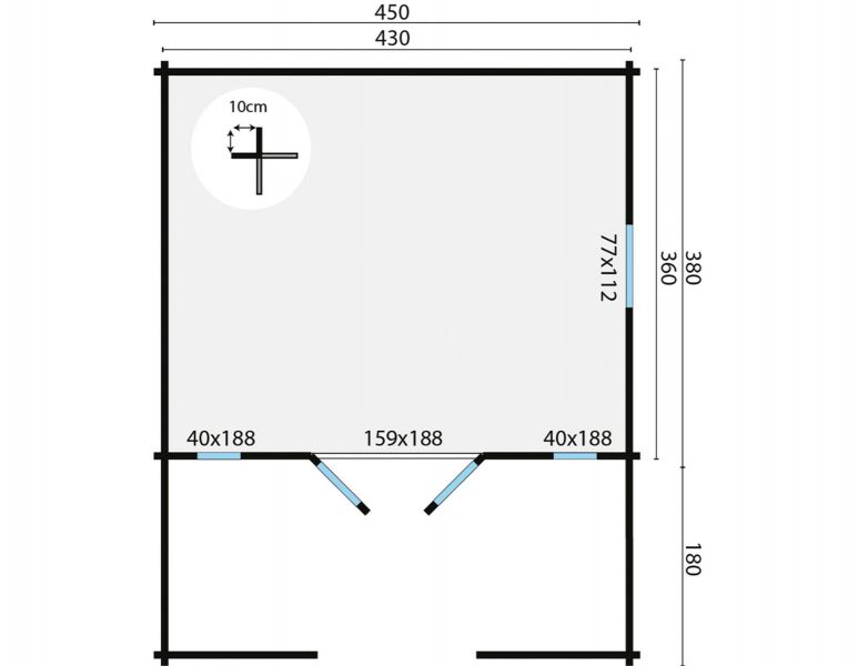 Tuindeco Heino Blokhut 450x380 cm + luifel 200 cm 44 mm vuren grijs geïmpregneerd