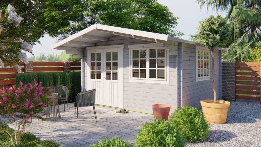 Tuindeco Inge Blokhut 420x420 cm + luifel 120 cm 44 mm vuren grijs geïmpregneerd