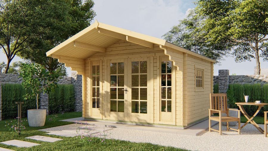 Tuindeco Inglund Blokhut 380x320 cm + luifel 150 cm 44 mm vuren groen geïmpregneerd