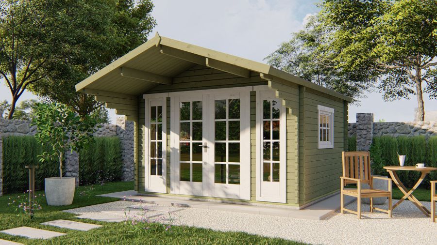 Tuindeco Inglund Blokhut 380x320 cm + luifel 150 cm 44 mm vuren groen geïmpregneerd