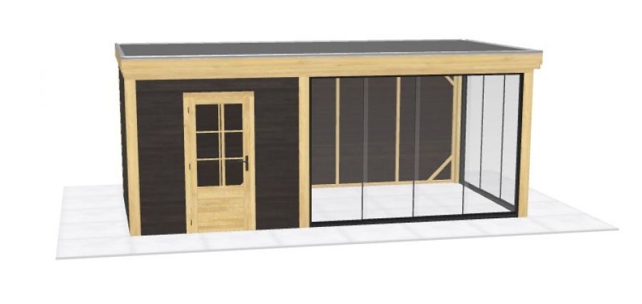 Blokhut Kampen 250x300 cm met overkapping 350x300 cm Douglas blank met vuren rabat wanden zwart (Incl. EPDM)