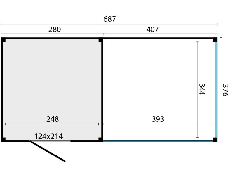 KubeLine tuinhuis 280x380 cm + overkapping 410 cm Douglas blank