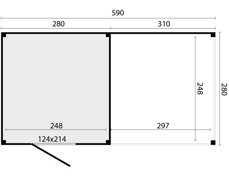 KubeLine tuinhuis 280x280 cm + overkapping 310 cm Douglas zwart gespoten