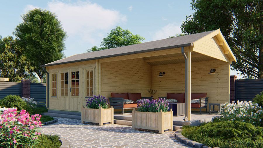 Tuindeco Kwaspa Blokhut 400x400 cm + luifel 400 cm 44 mm vuren groen geïmpregneerd