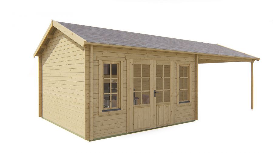 Tuindeco Kwaspa Blokhut 400x400 cm + luifel 400 cm 44 mm vuren groen geïmpregneerd