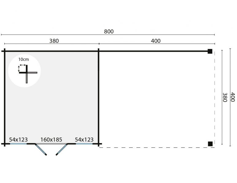 Tuindeco Kwaspa Blokhut 400x400 cm + luifel 400 cm 44 mm vuren honing geïmpregneerd