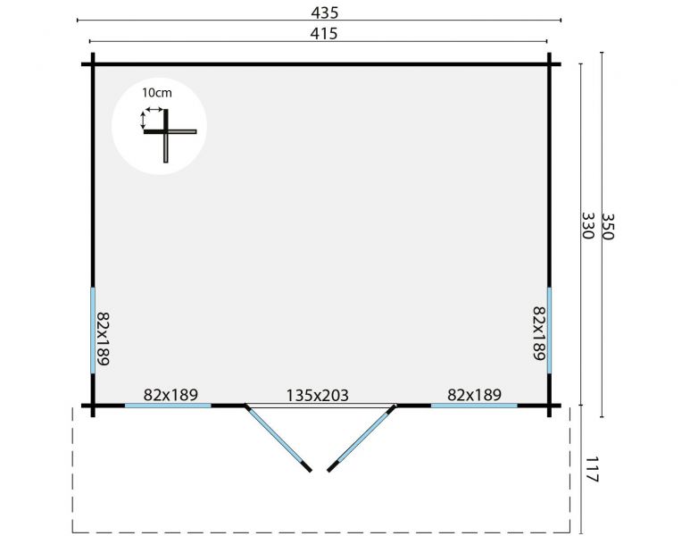Tuindeco Lory Blokhut 415x330 cm + luifel 120 cm 44 mm vuren bruin geïmpregneerd