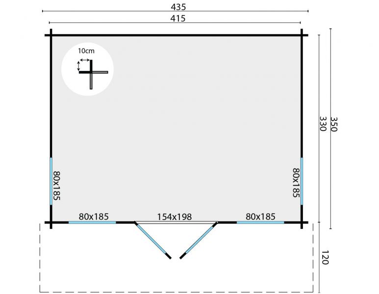 Blokhut Lory 415x330 cm + luifel 120 cm - Grijs - plattegrond