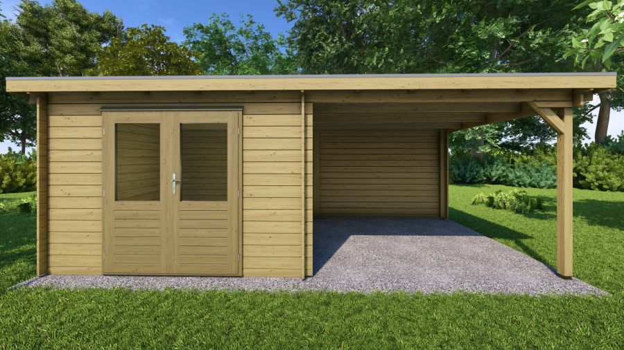 Classicline Blokhut Overijssel vuren groen geïmpregneerd 300x300 + overkapping 300 cm
