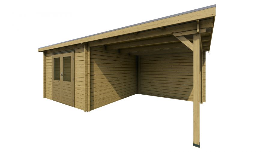 Classicline Blokhut Overijssel vuren groen geïmpregneerd 300x300 + overkapping 300 cm