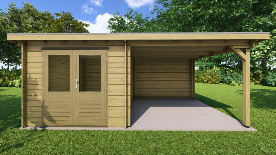 Classicline Blokhut Drenthe vuren groen geïmpregneerd 250x300 cm + overkapping 300 cm