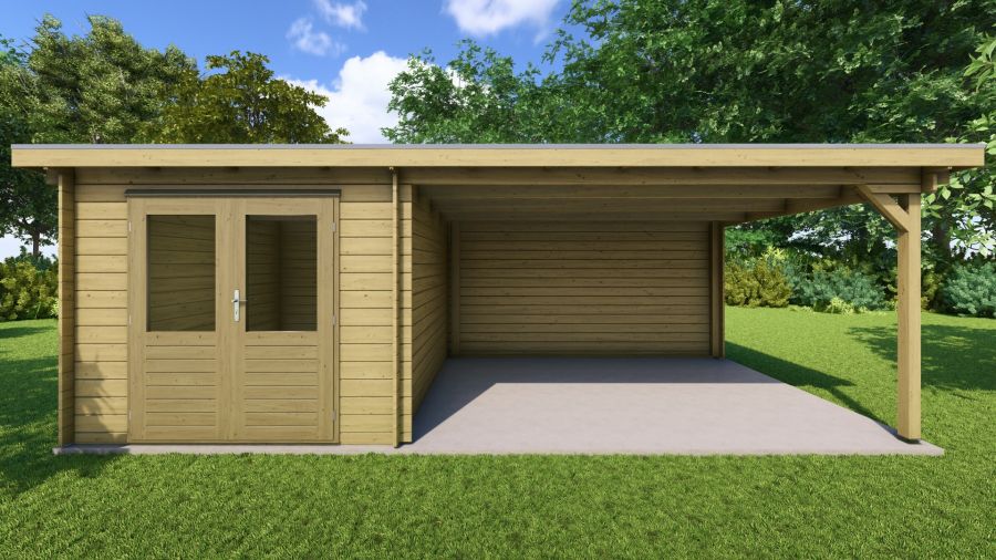 Classicline Blokhut Drenthe vuren groen geïmpregneerd 250x300 cm + overkapping 400 cm