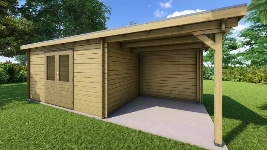 Classicline Blokhut Flevoland vuren groen geïmpregneerd 400x250 cm + overkapping 250 cm
