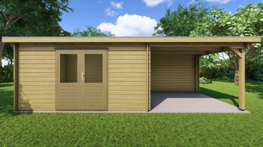 Classicline Blokhut Flevoland vuren groen geïmpregneerd 400x250 cm + overkapping 300 cm
