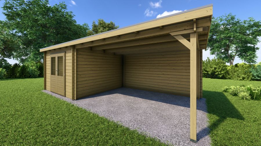Classicline Blokhut Overijssel vuren groen geïmpregneerd 300x300 + overkapping 400 cm