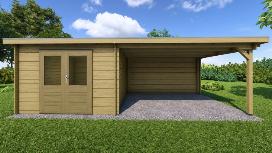Classicline Blokhut Overijssel vuren groen geïmpregneerd 300x300 + overkapping 400 cm