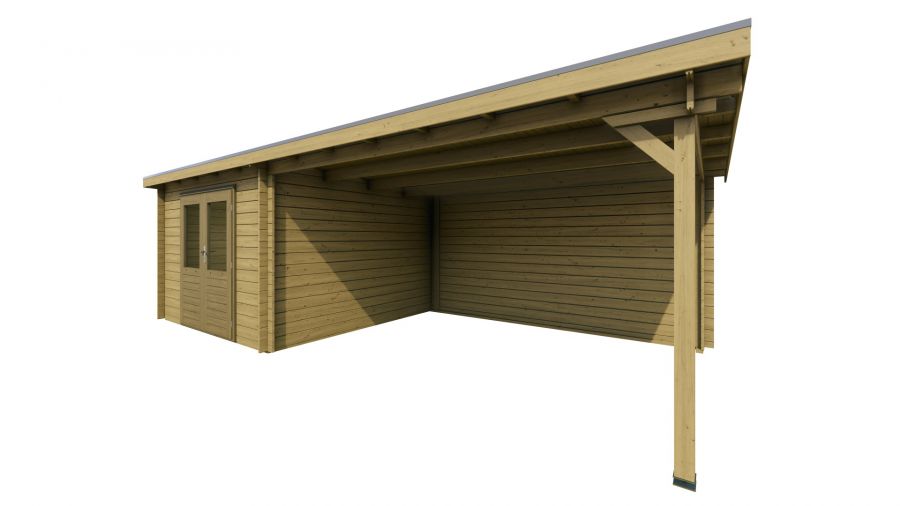 Classicline Blokhut Overijssel vuren groen geïmpregneerd 300x300 + overkapping 400 cm