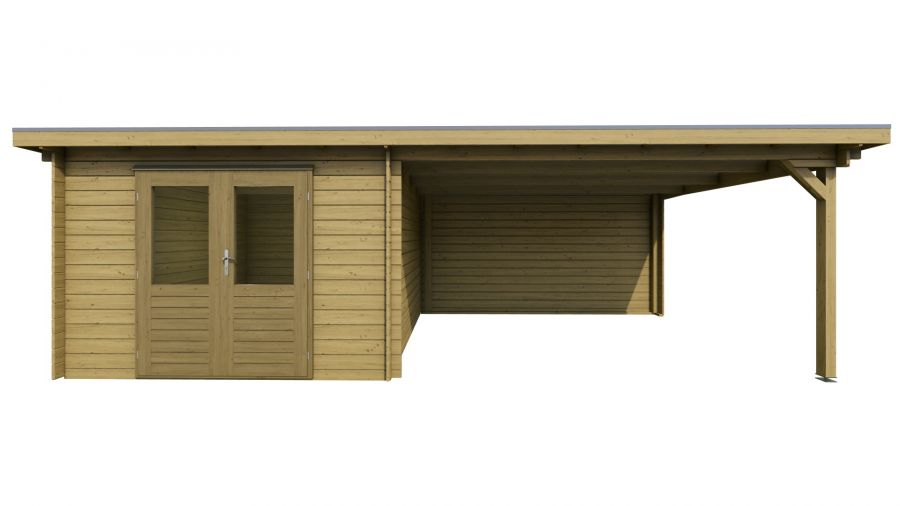Classicline Blokhut Overijssel vuren groen geïmpregneerd 300x300 + overkapping 400 cm