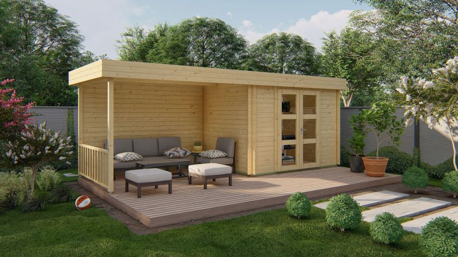 Tuindeco Maja Blokhut 320x240 cm + luifel 320 cm 28 mm vuren grijs geïmpregneerd