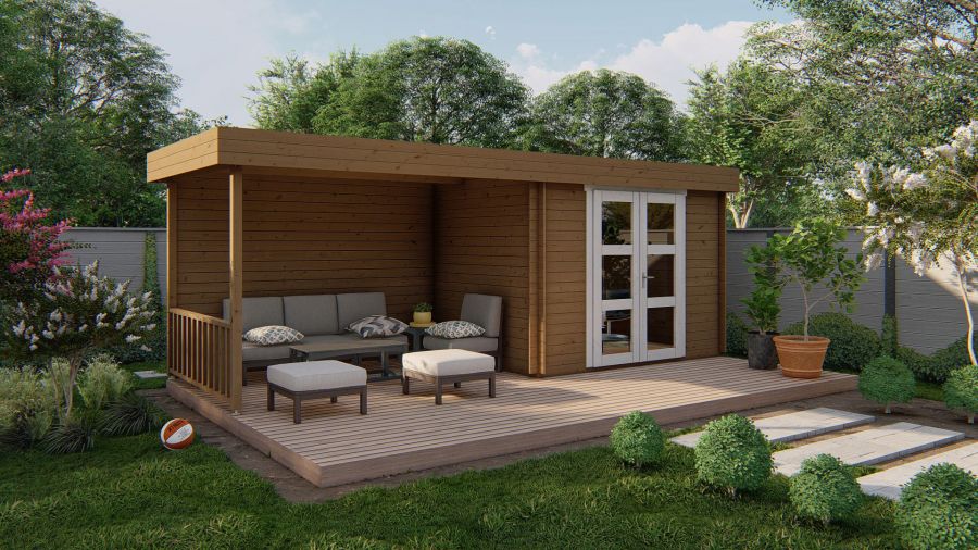 Tuindeco Maja Blokhut 320x240 cm + luifel 320 cm 28 mm vuren honing geïmpregneerd