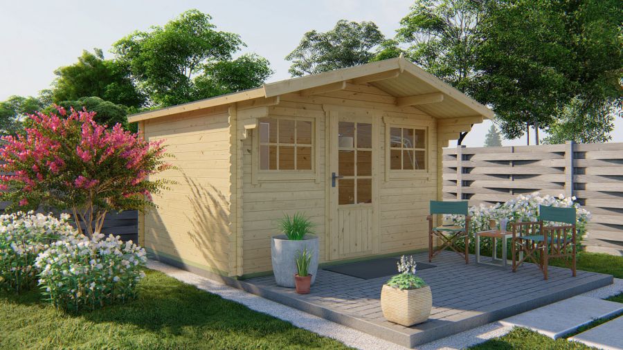 Tuindeco Mika Blokhut 380x300 cm + luifel 80 cm 28 mm vuren red class wood geïmpregneerd
