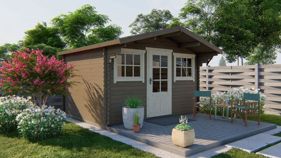 Tuindeco Mika Blokhut 380x300 cm + luifel 80 cm 28 mm vuren red class wood geïmpregneerd
