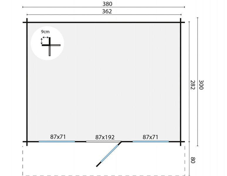 Tuindeco Mika Blokhut 380x300 cm + luifel 80 cm 28 mm vuren bruin geïmpregneerd