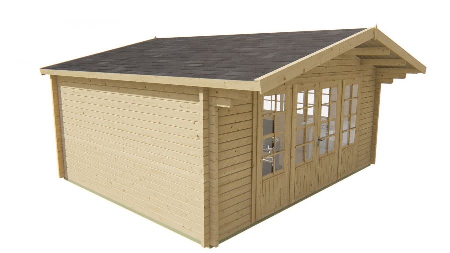 Tuindeco Newcastle Blokhut 540x440 cm + luifel 90 cm 58 mm vuren red class wood geïmpregneerd