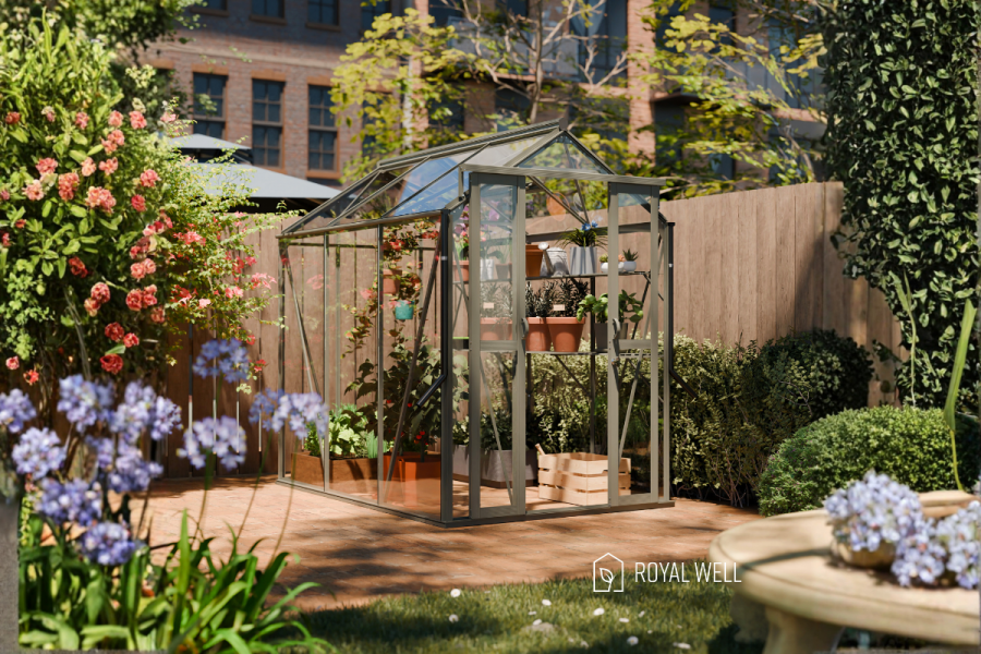 Royal Well Anne II tuinkas 150x220 cm groengrijs met 3mm veiligheidsglas (inclusief fundament)