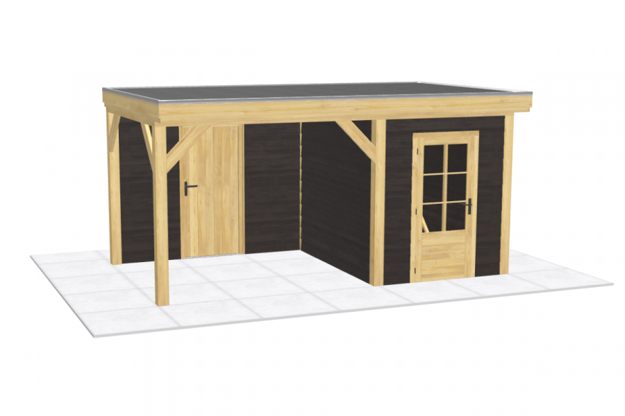 Blokhut Sittard 200x270 cm met overkapping 300x270 cm Douglas blank met vuren rabat wanden zwart (Incl. EPDM)