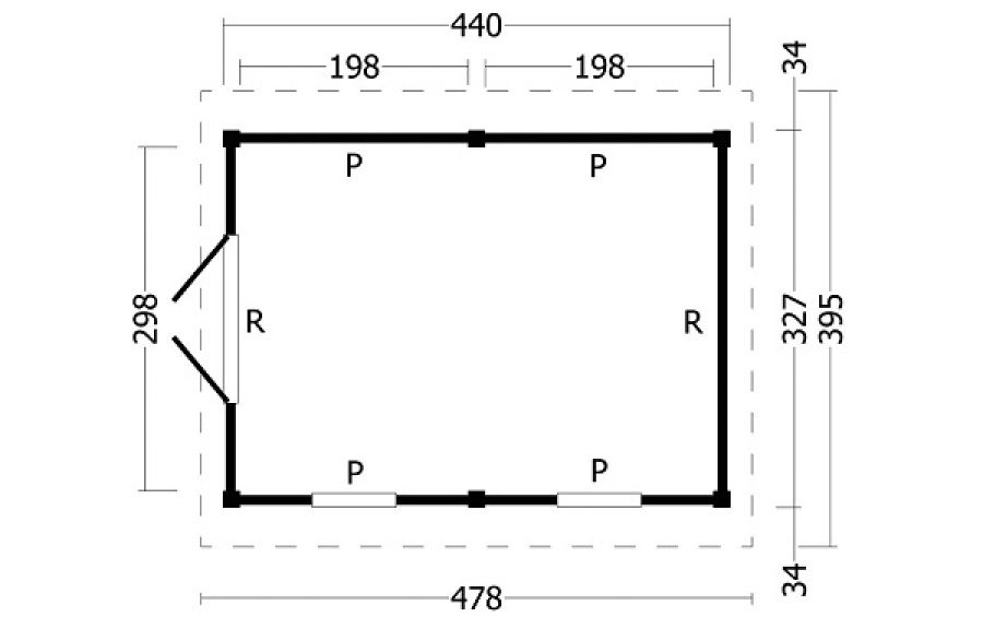 Overkapping Hamar L type 4 zwart 478x395 cm plattegrond