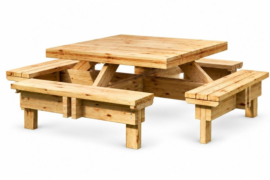 Vierkante picknicktafel met 4 bankjes van geïmpregneerd vurenhout