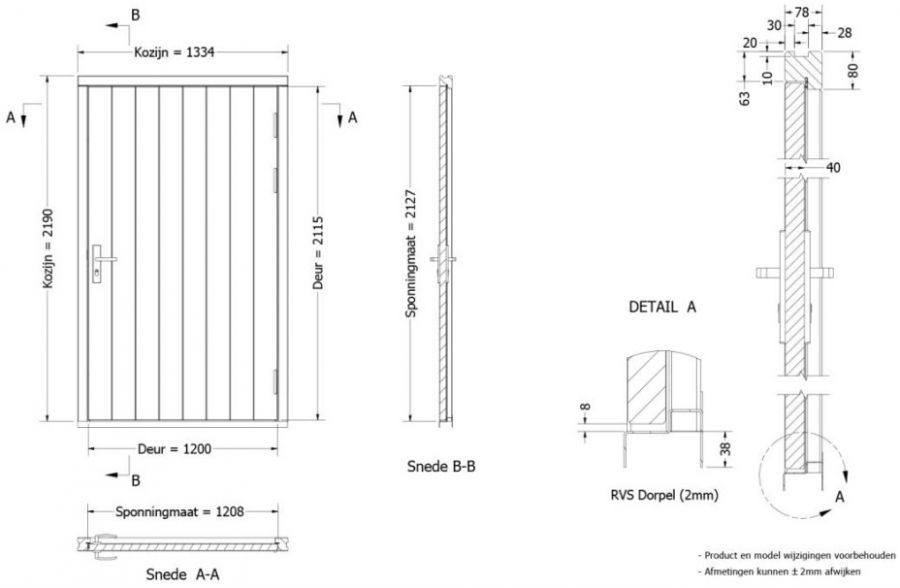 Plaatdeur enkel XL - rechtsdraaiend - 120x211,5 cm + kozijn 133,4x218,9 cm - wit (incl. hang en sluitwerk)