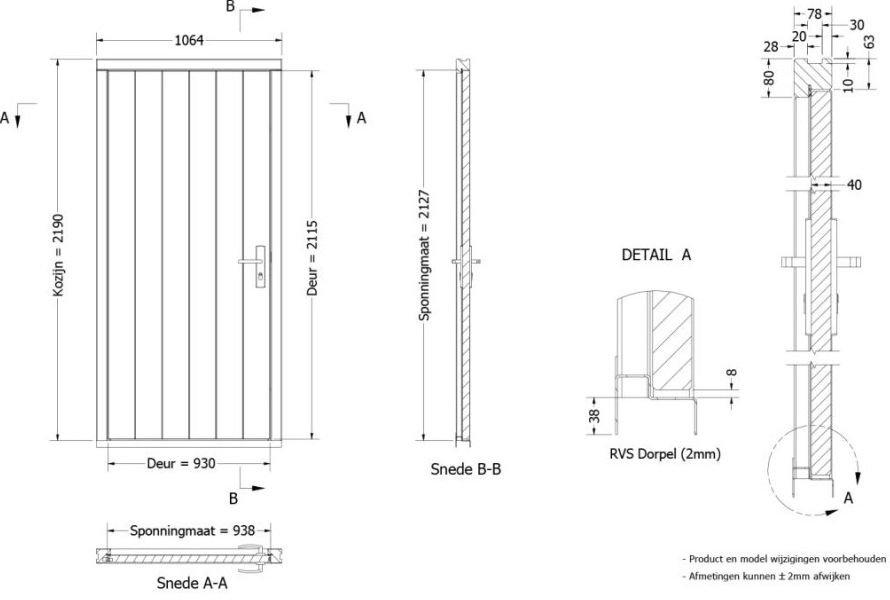 Plaatdeur enkel linksdraaiend - 93x211,5 cm + kozijn 106,4x218,9 cm - zwart (incl. hang en sluitwerk)