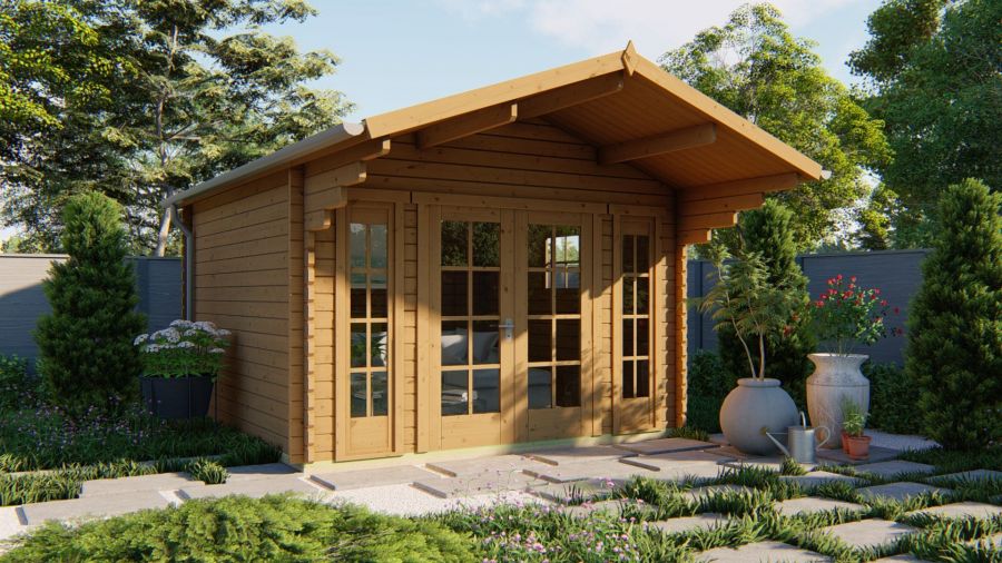 Tuindeco Sören Blokhut 380x380 cm + luifel 150 cm 44 mm vuren Red class wood geïmpregneerd