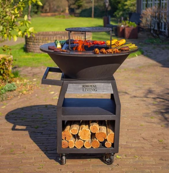 RJRoyal Living BBQ Plancha Grill Maestro XXL Ø80cm Blackline - Met pook en houtopslag