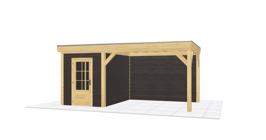 Blokhut Nootdorp 200x300 cm met overkapping 350x300 cm Douglas blank met vuren rabat wanden zwart (Incl. EPDM)