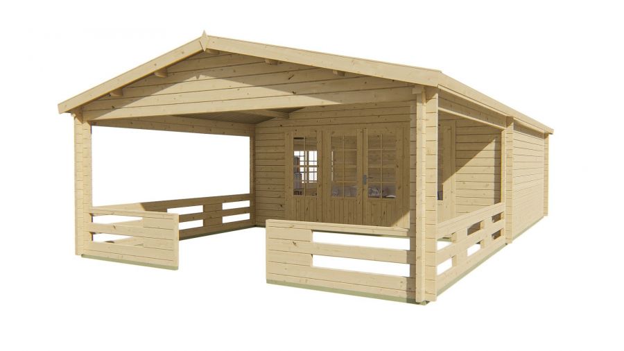 Tuindeco Sheffield Blokhut 540x540 cm + luifel 423 cm 58 mm vuren red class wood geïmpregneerd