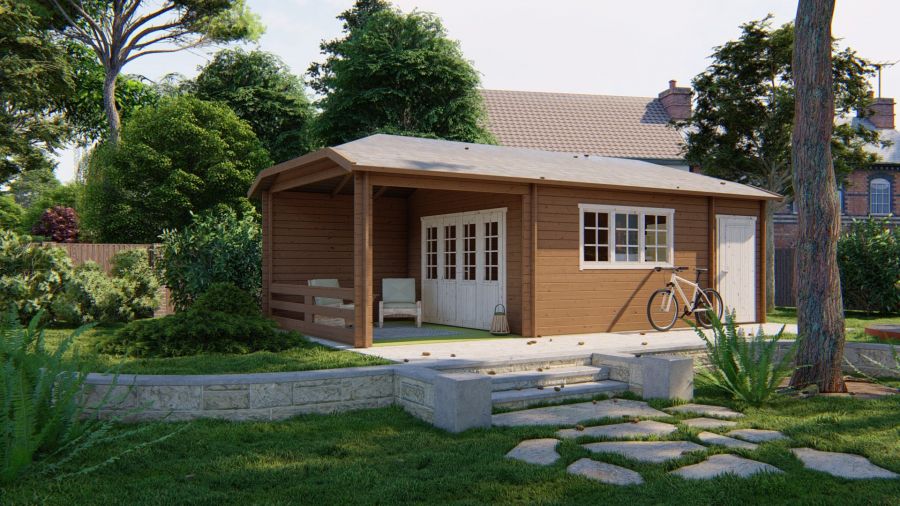 Tuindeco Sibella Blokhut 420x420 cm + luifel 280 cm 44 mm vuren grijs geïmpregneerd